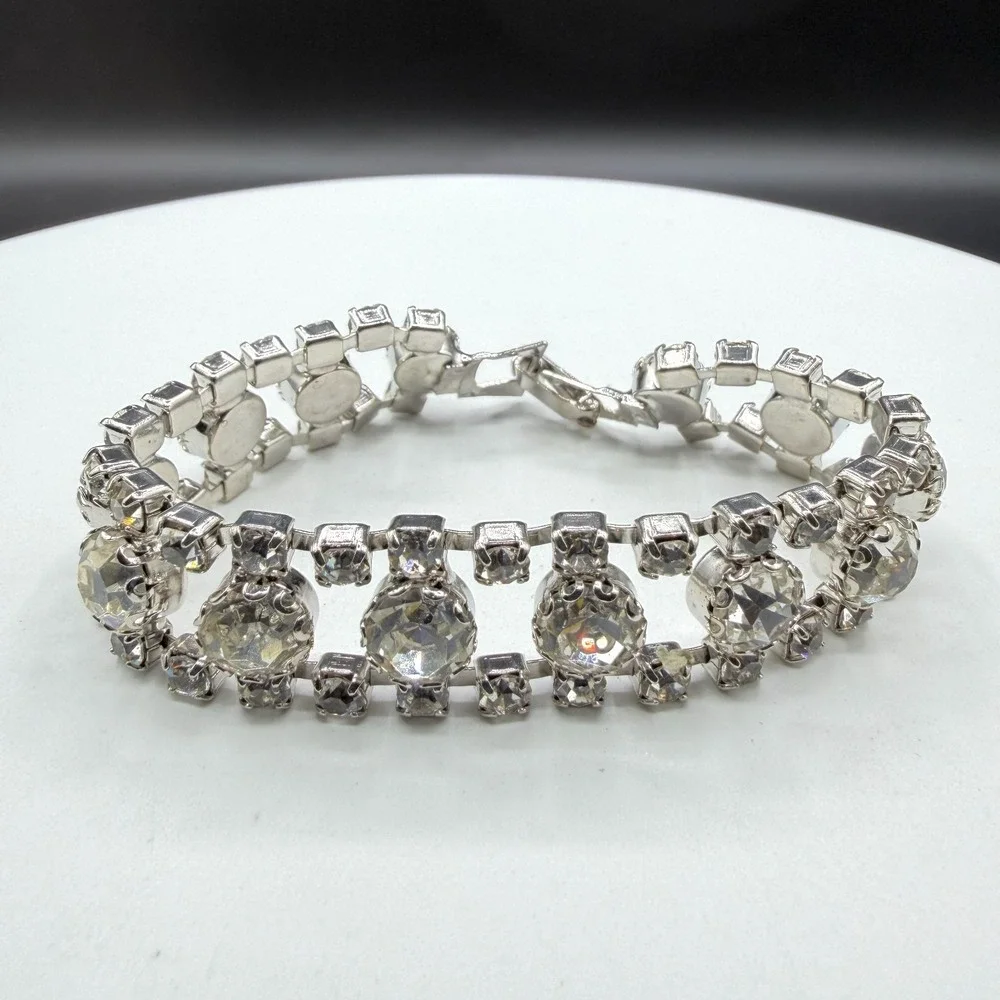 Clear Rhinestone Crystal Silver Tone Wide Tennis Bracelet Statement Bridal Gift